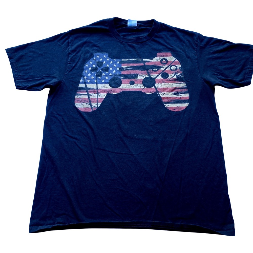 Mens Large Black USA Flag Game Controller Graphic T-Shirt Gaming